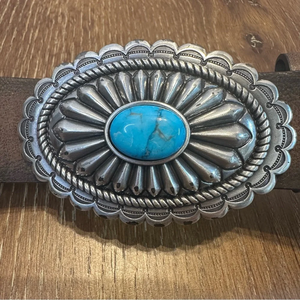 Ariat Western Belt Womens Leather Oval Faux Turquoise Stone Buckle Brown Large - Picture 3 of 7